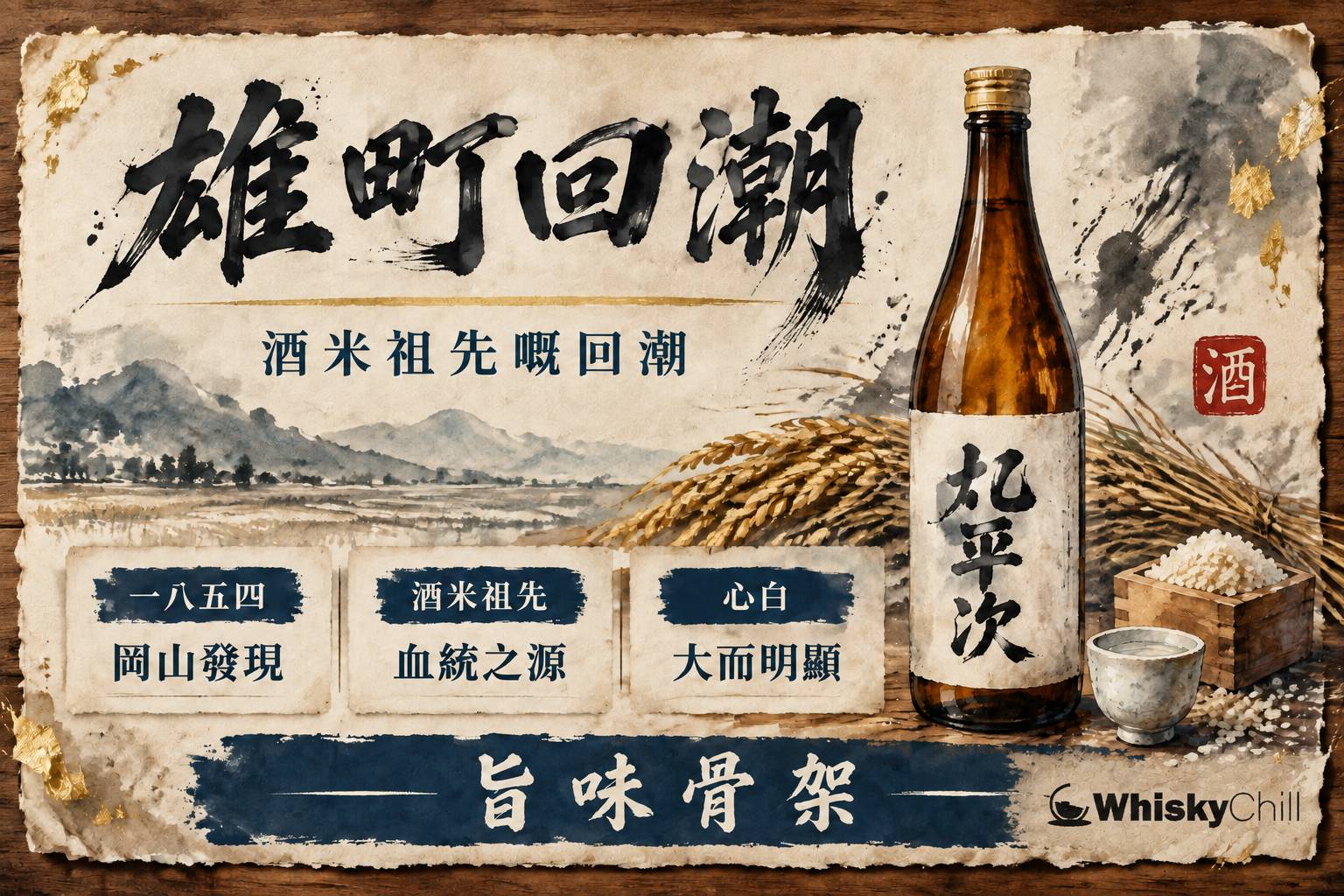 岡山赤磐一帶秋天嘅雄町稻田,高大稻稈掛滿沉實稻穗,農夫手持竹簍收割