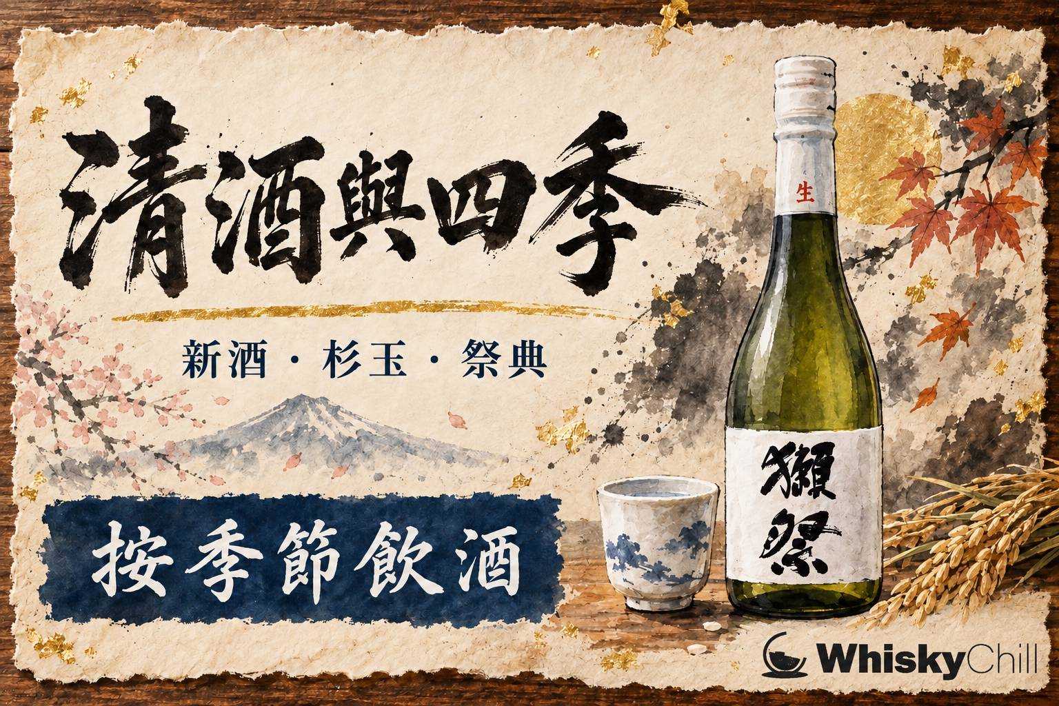 和紙手繪清酒瓶與秋季杉玉裝飾,日本酒四季文化插圖