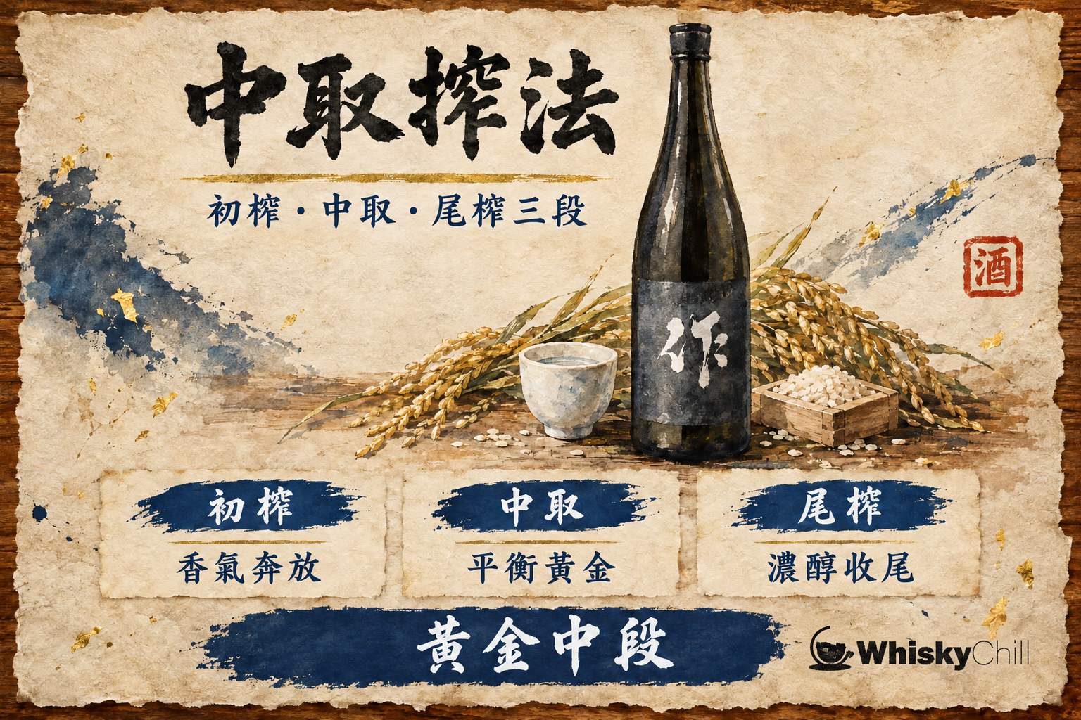 傳統槽場木箱中酒液滴落,標示あらばしり、中取り、責め三段搾酒階段
