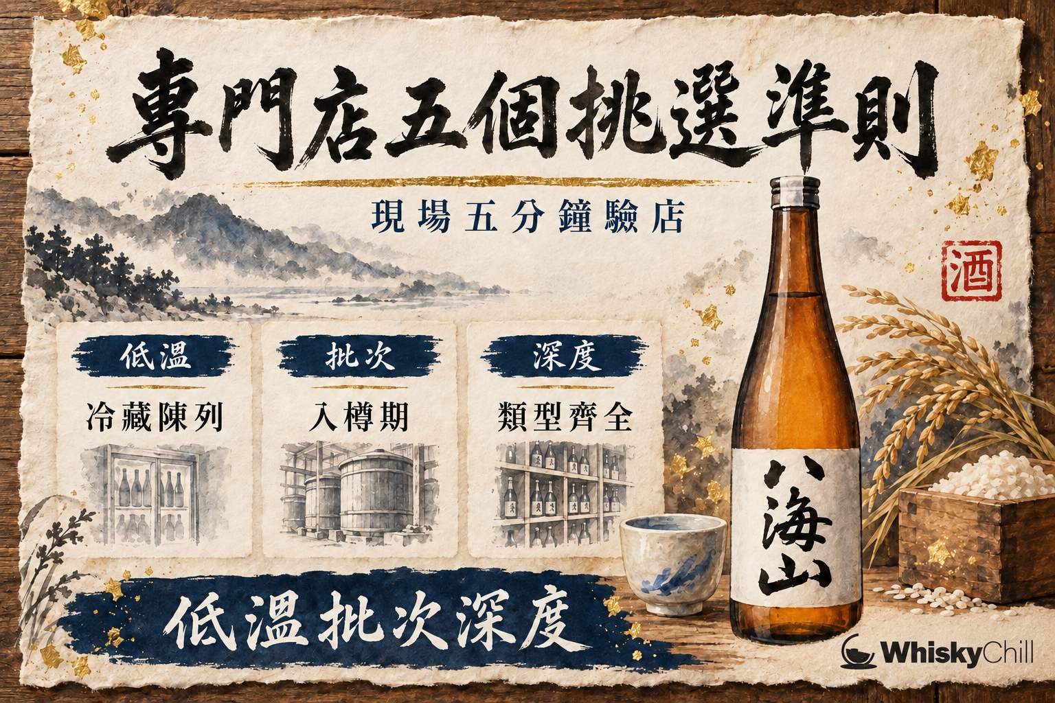 香港清酒專門店內深色玻璃樽清酒整齊排喺避光貨架,旁邊雪櫃放住生酒,店員手持一支清酒向客人指住酒標講解