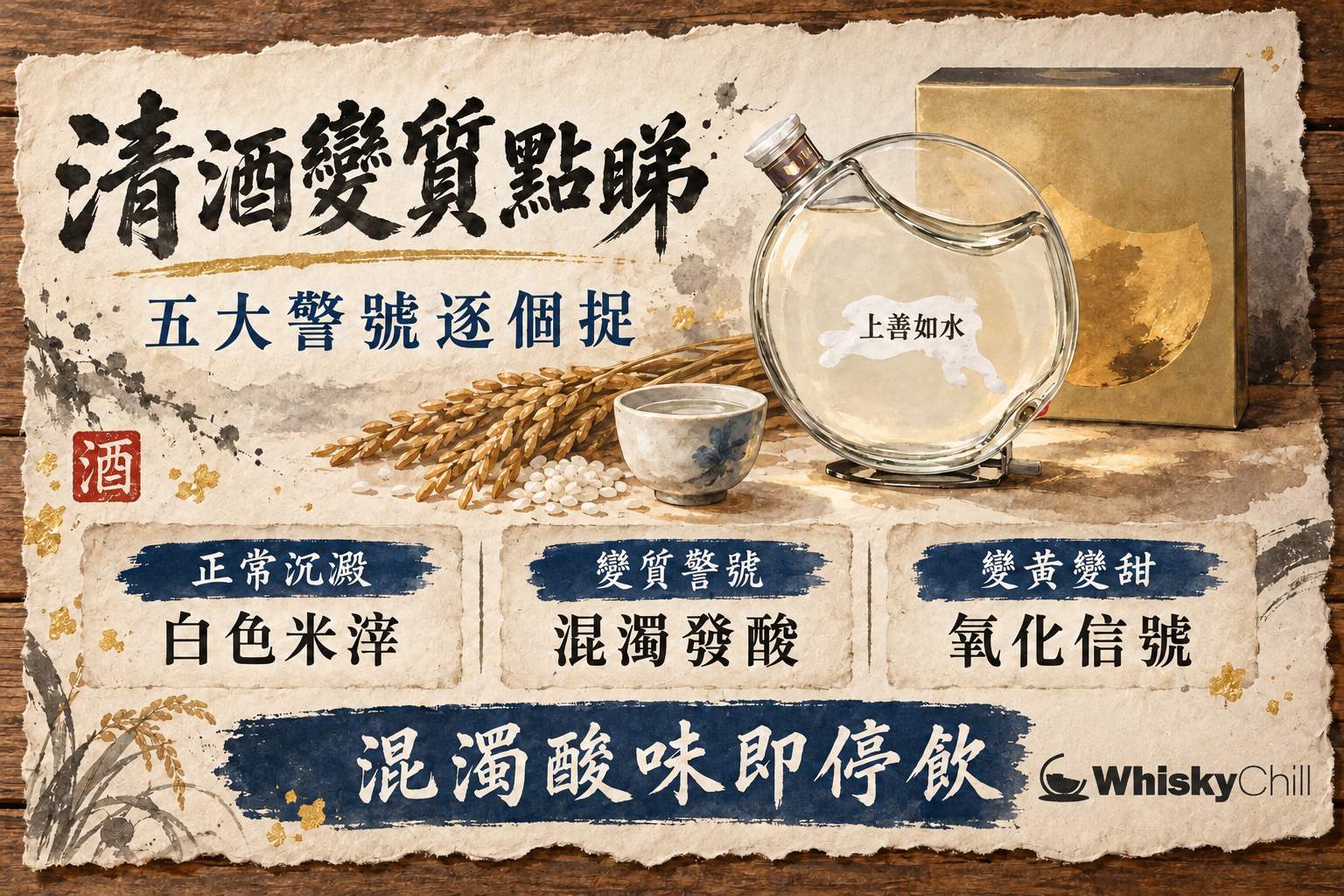 兩隻透明玻璃杯並排,一杯係清澈透明嘅清酒,另一杯係明顯泛黃帶混濁嘅清酒,背後放著一支深綠色清酒瓶