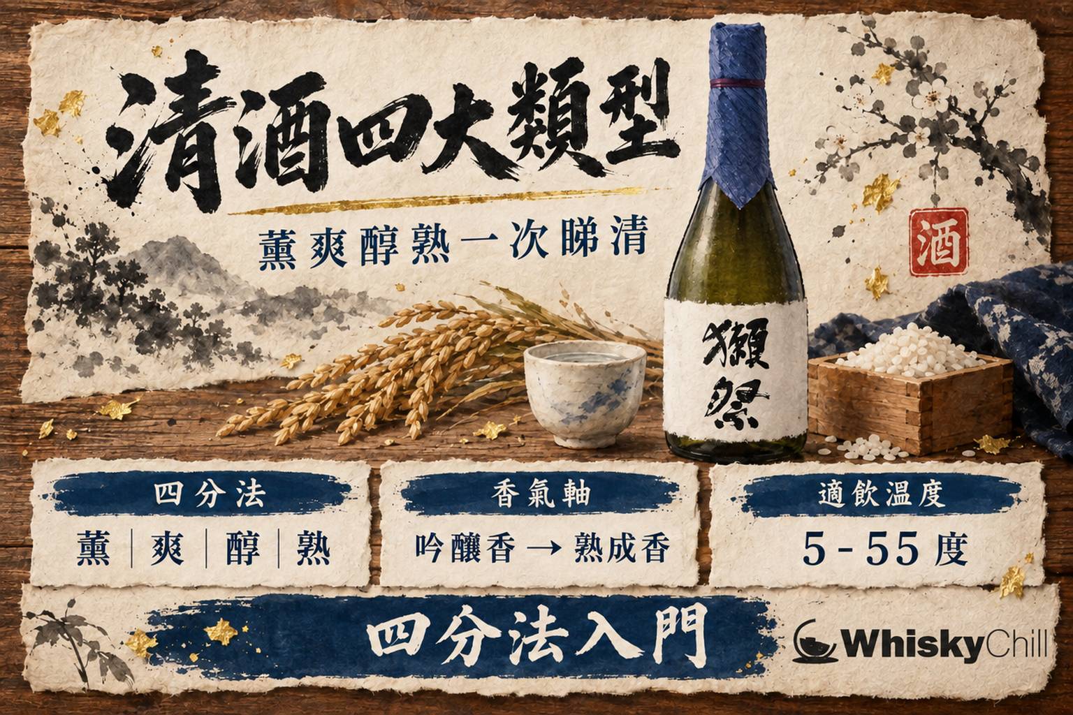 木枱上四隻清酒杯並排,由清亮透明到琥珀色酒液,旁放酒米與米麴