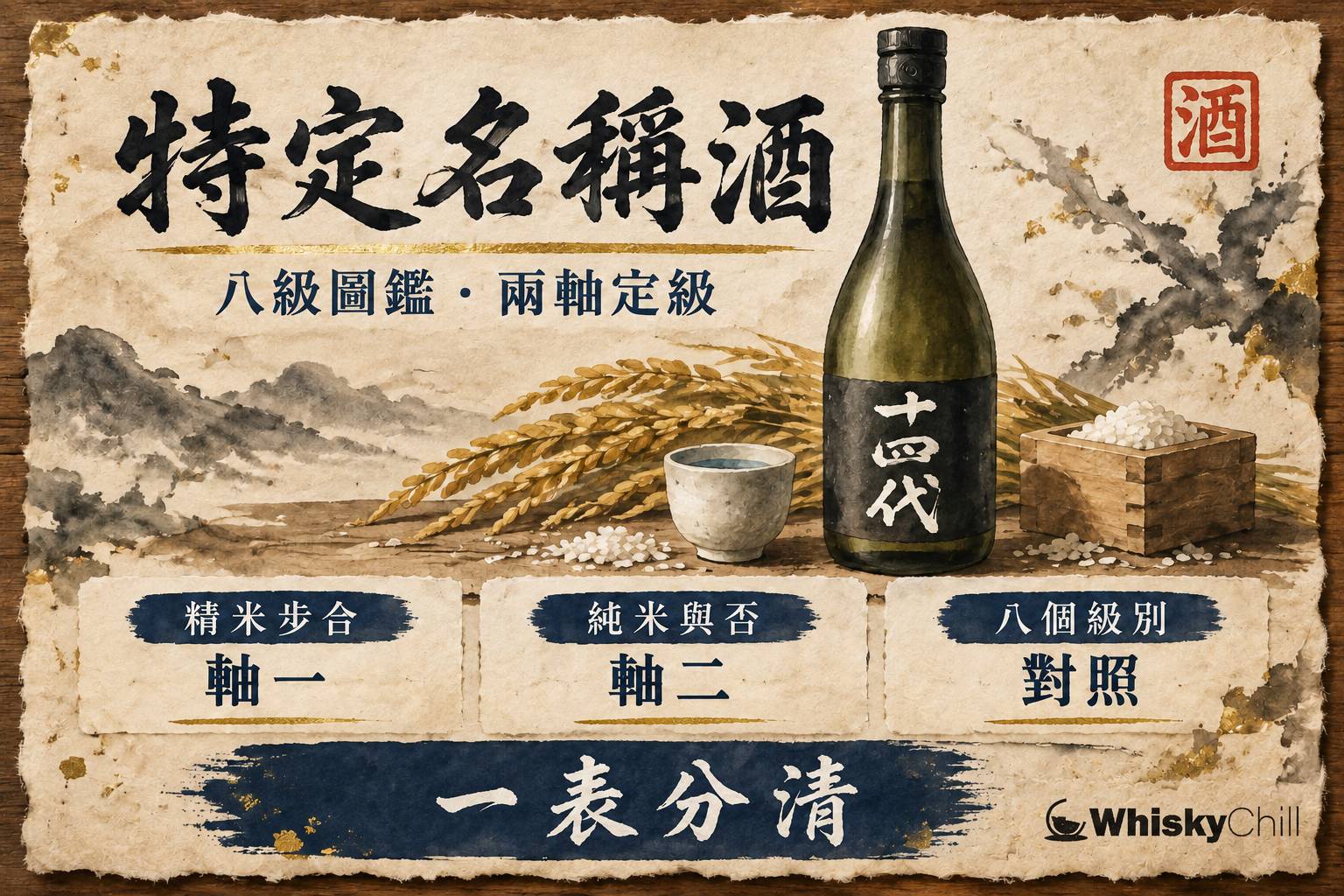 清酒分級圖表,8 個特定名稱酒級別以純米與精米步合兩軸排列,旁置酒杯與米穗