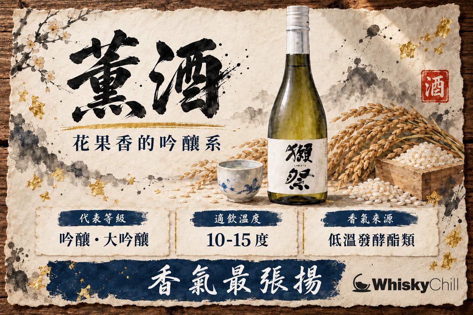冰桶中的清酒壺與玻璃杯,杯中清亮酒液,旁放切開的蘋果與香蕉
