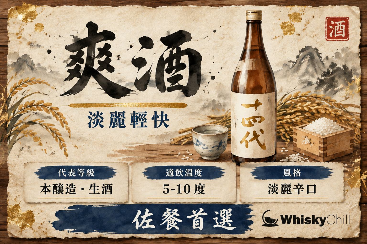 冰涼清酒注入薄身玻璃杯,杯壁結滿水珠,背景為淺色木桌與一碟白身魚刺身