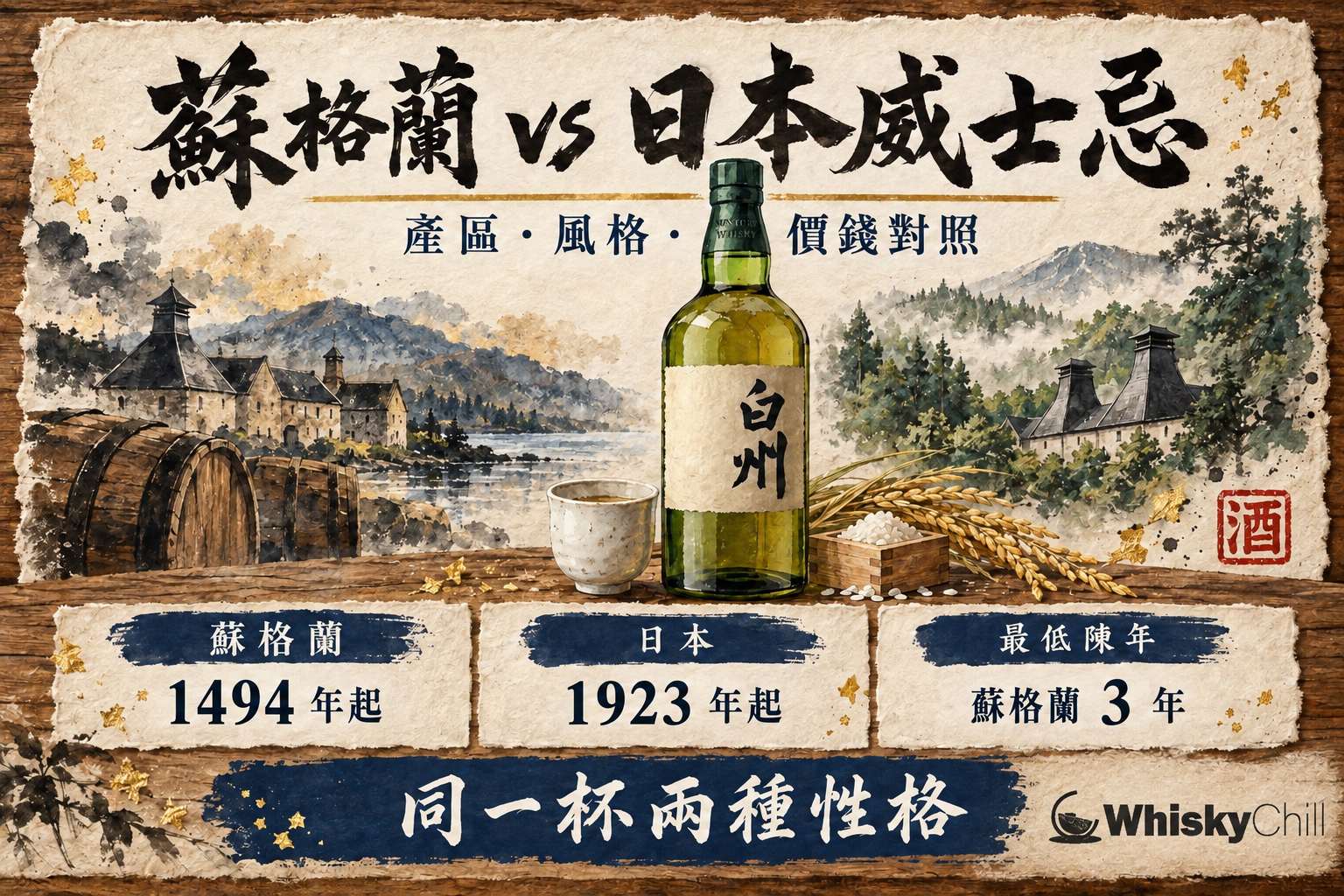 蘇格蘭威士忌與日本威士忌並排對照,琥珀色酒液配橡木桶與酒廠背景