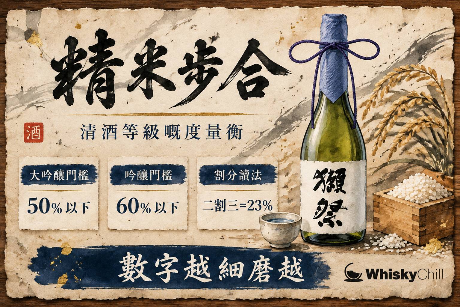 桌上並排放著白米與磨至細小的精米,旁邊擺放獺祭清酒瓶與酒杯