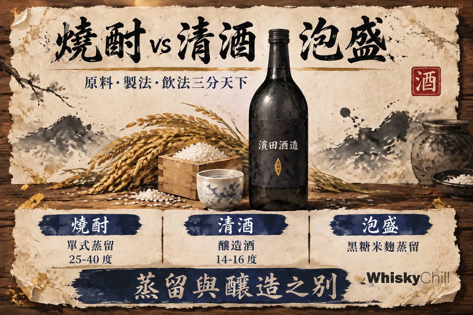 木桌並排三杯酒,左邊是加冰的燒酎、中間是清酒德利與豬口、右邊是沖繩泡盛玻璃杯