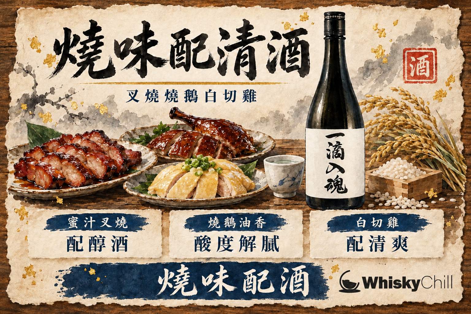港式燒味拼盤擺放喺木枱上,旁邊有清酒同酒杯,背景係茶記風格嘅用餐場景