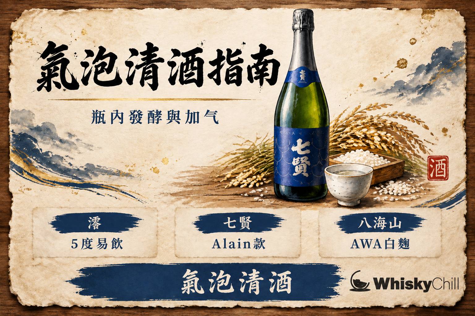 香檳杯盛着帶氣泡嘅清酒,旁邊擺放澪、七賢同八海山 AWA 氣泡清酒酒瓶,背景係慶祝場合嘅木枱