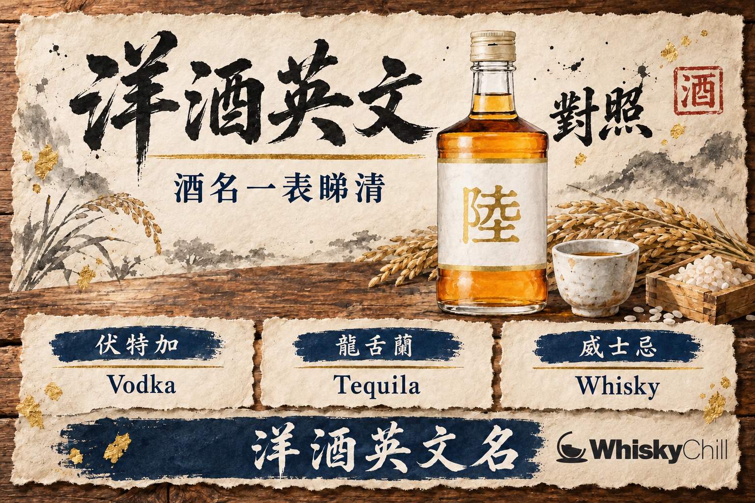 木枱上排列伏特加、威士忌、龍舌蘭、白蘭地、氈酒、朗姆酒等洋酒瓶,每支酒旁邊放住寫有英文名稱嘅小卡