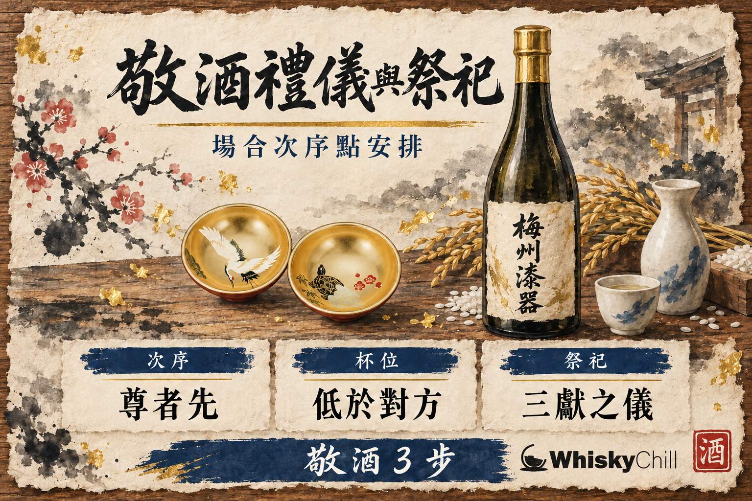暖黃燈光下木枱上並排三隻清酒杯同一個枡,旁邊放住一支清酒,有人正為杯斟酒