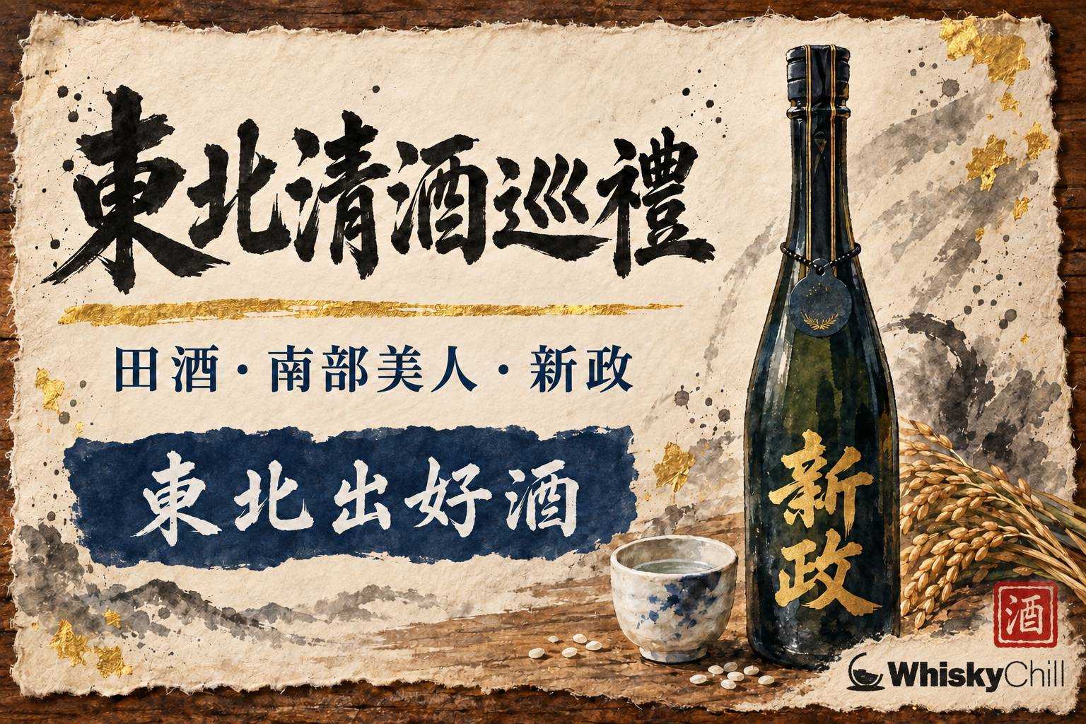 雪國背景下的東北酒藏外觀與排列整齊的清酒酒瓶