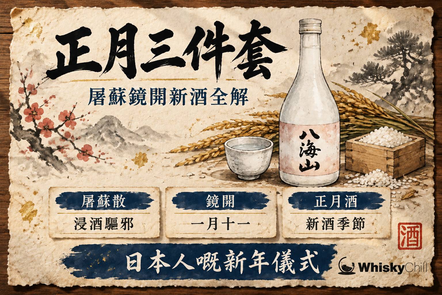 漆器屠蘇器三層盃配清酒小瓶,旁邊放有紅白鏡餅與橙,背景係正月注連繩裝飾