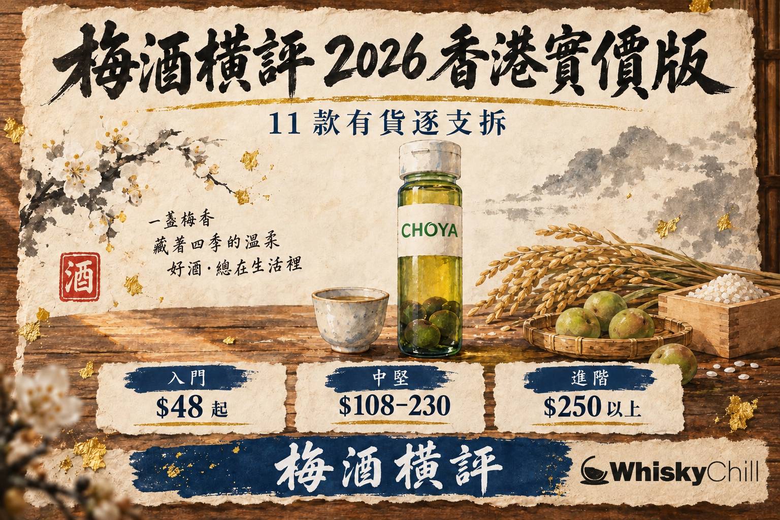 多款日本梅酒並排陳列與青梅靜物