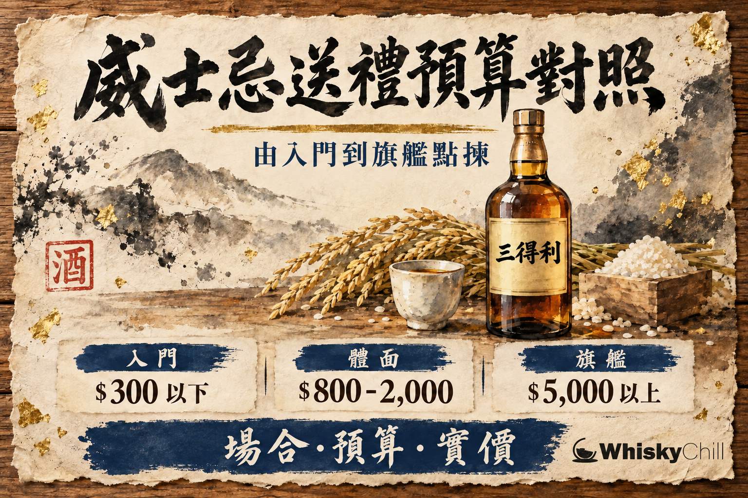 深色木枱上放住威士忌禮盒、方瓶威士忌同兩隻聞香杯,旁邊有包裝紙同賀卡,暖黃燈光