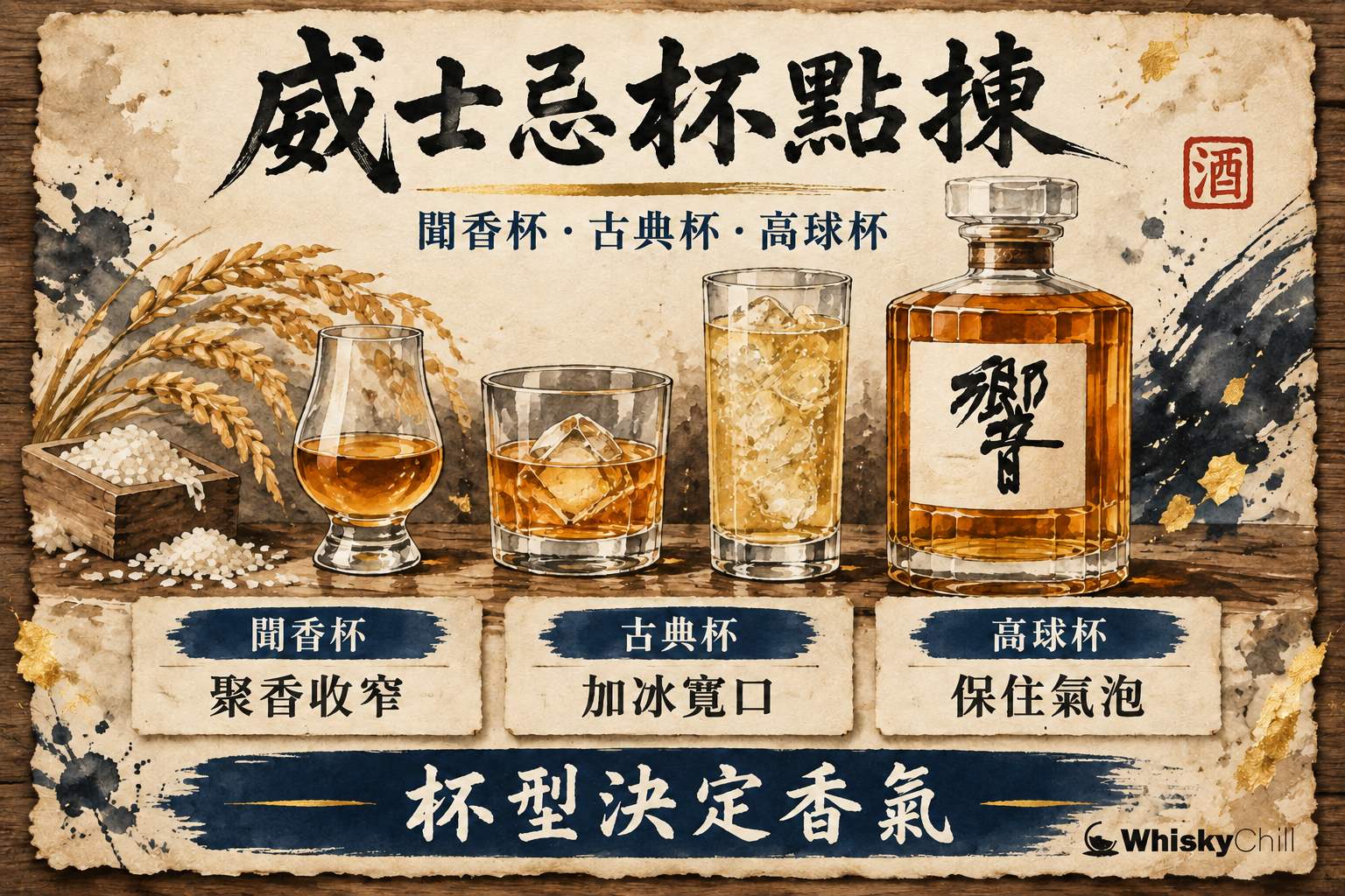 木枱上並排四款威士忌杯,包括鬱金香形聞香杯、加冰球古典杯、高球杯與 ISO 品鑑杯