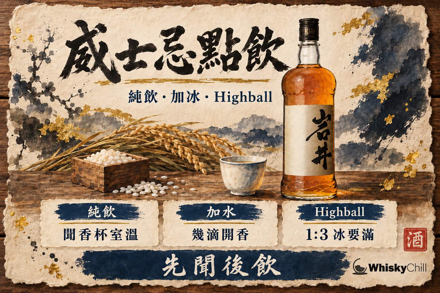 鬱金香形聞香杯盛著琥珀色威士忌,旁邊放著大冰球與小水壺的木桌靜物場景