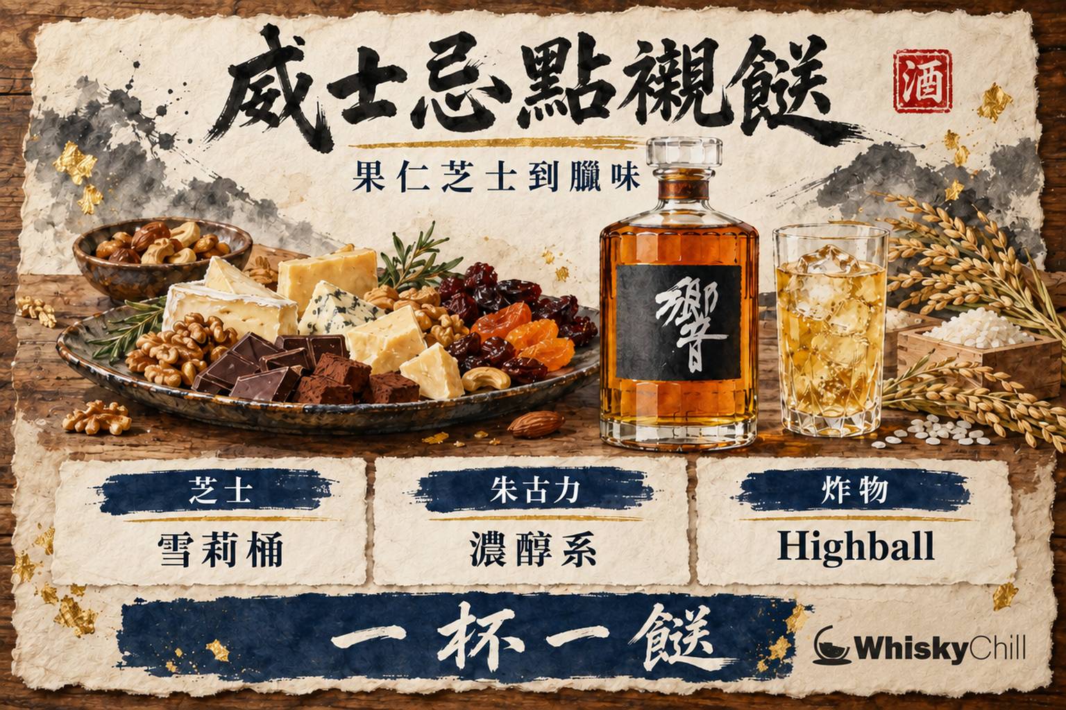 木桌上放住一杯琥珀色威士忌、芝士拼盤、果仁同黑朱古力