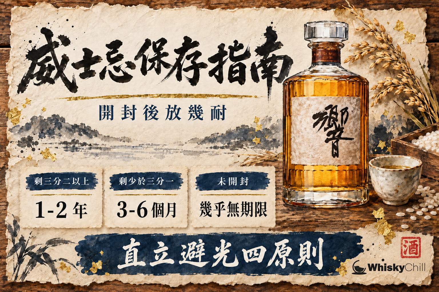 威士忌保存指南:直立存放、避光、開封後飲用期限與奶酒冷藏差異