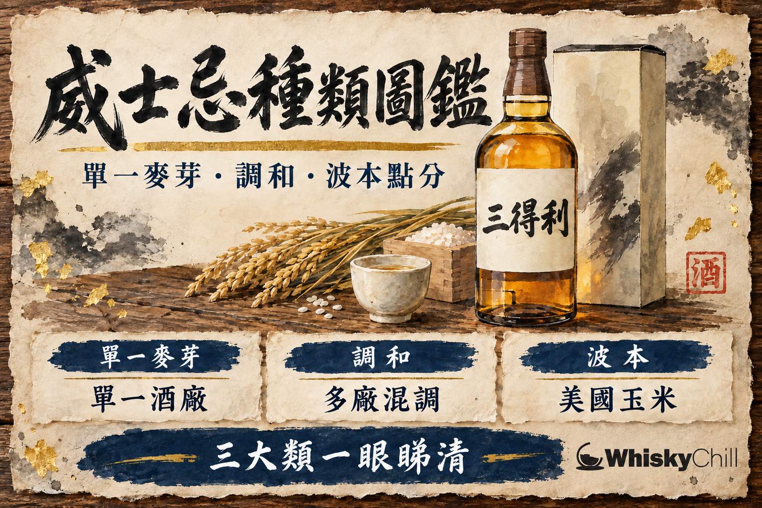 木枱上並排擺放嘅單一麥芽、調和、波本同日本威士忌酒瓶,旁邊有聞香杯同穀物
