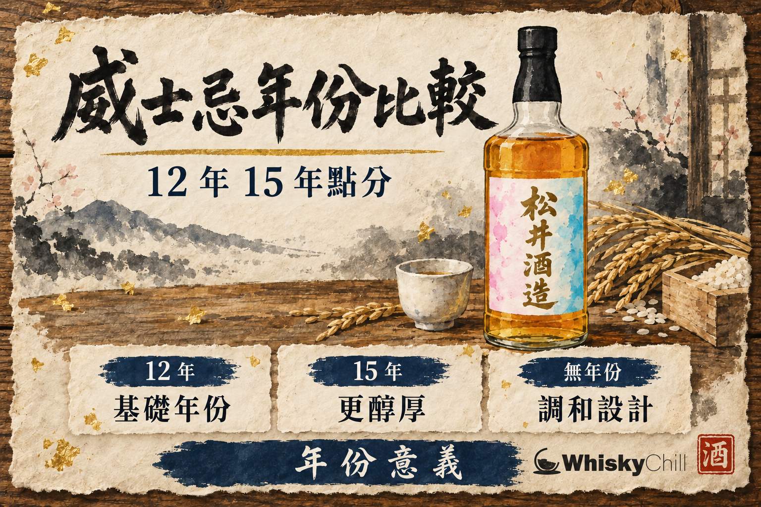 木桌上並排放住麥卡倫、蘇格登與燒酎酒瓶,背景係陳年橡木桶倉庫,前方有一個裝住琥珀色酒液嘅聞香杯