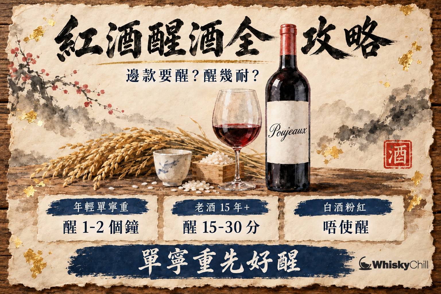 玻璃醒酒器入面嘅深紅色紅酒,旁邊放住兩隻葡萄酒杯同一支波爾多紅酒,木枱上有軟木塞