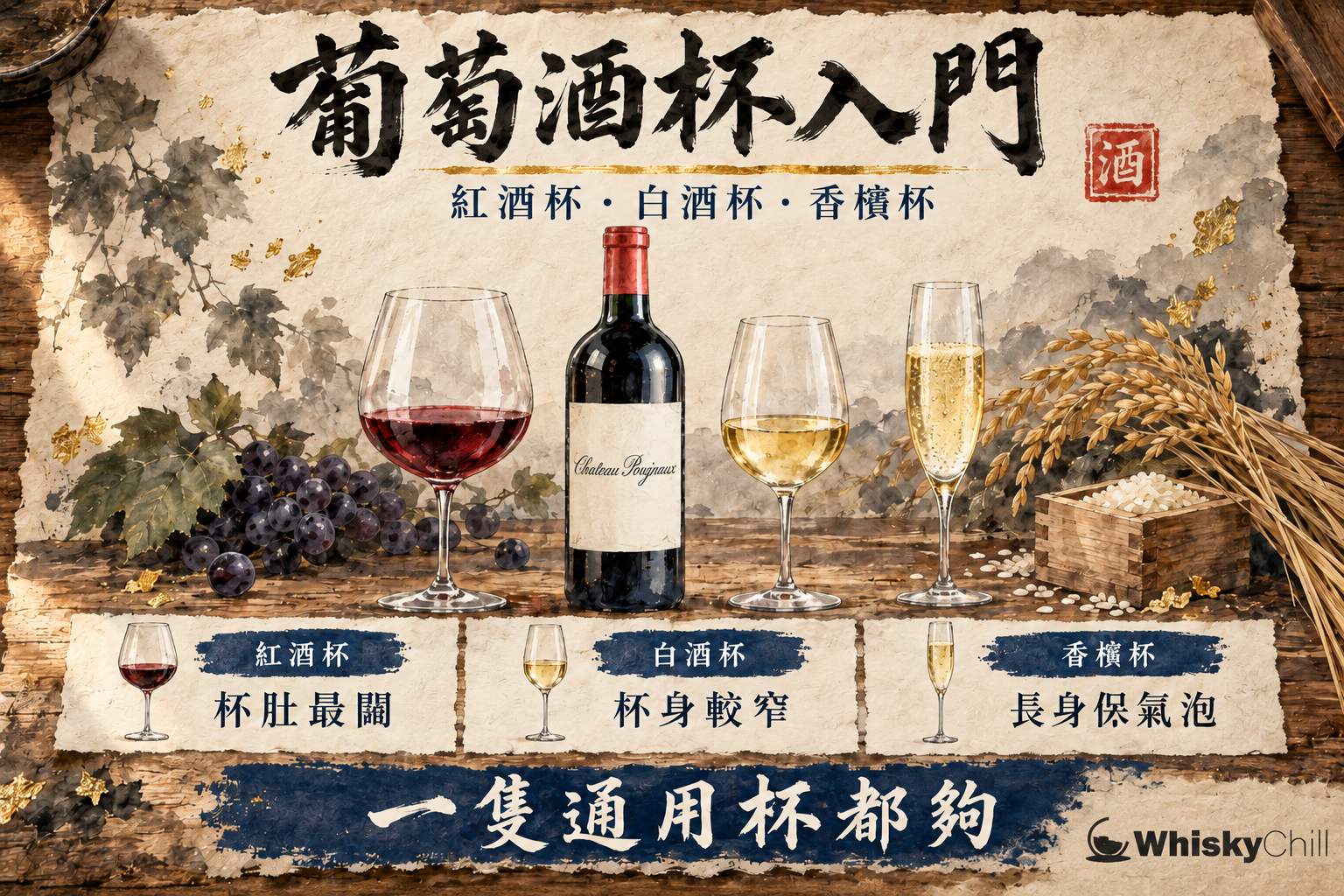 木枱上並排紅酒杯、白酒杯與香檳杯,旁放分酒器與真空開瓶器