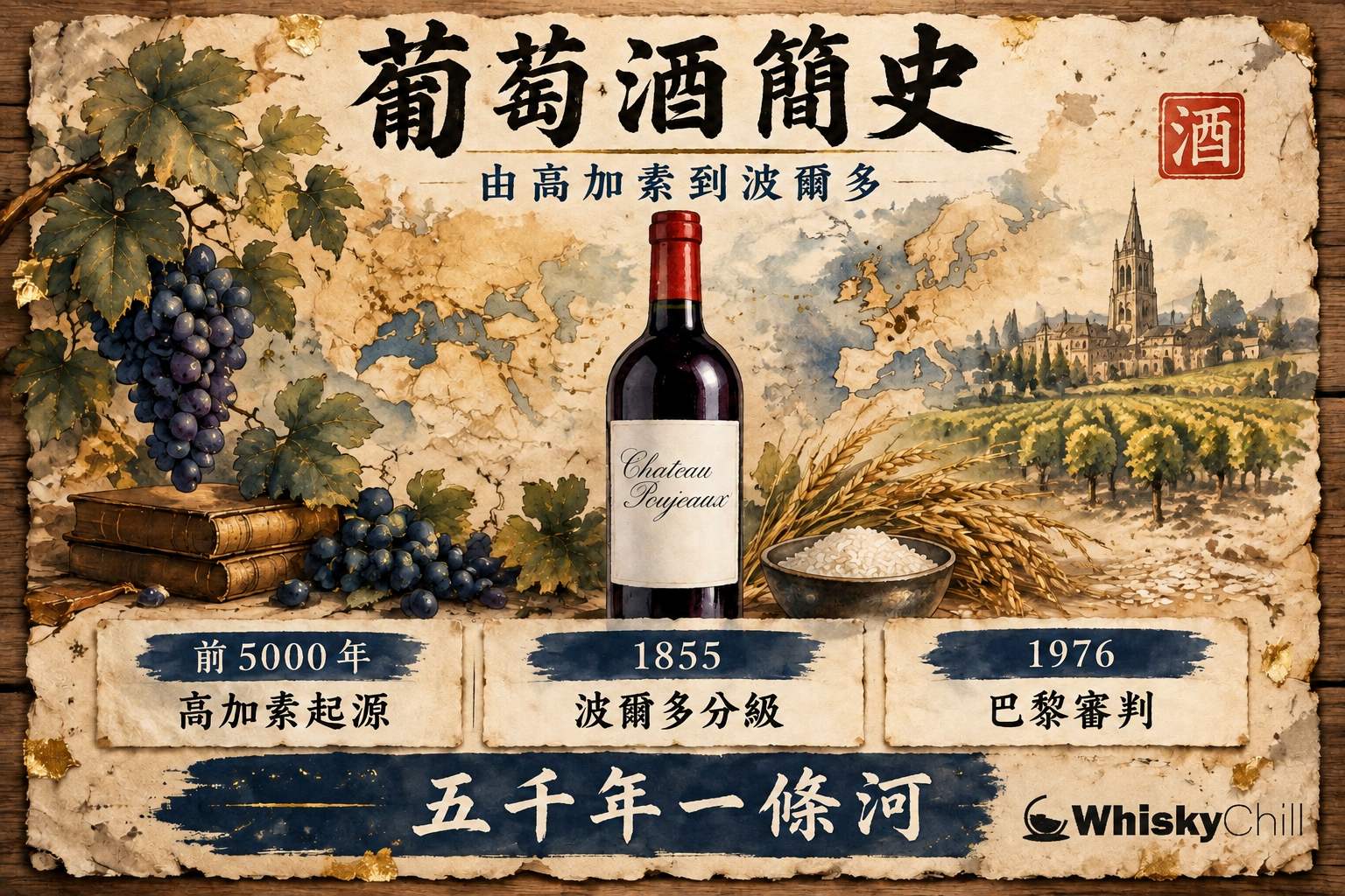 波爾多酒莊古堡前擺放橡木桶與紅酒杯,夕陽下葡萄園延伸到天邊