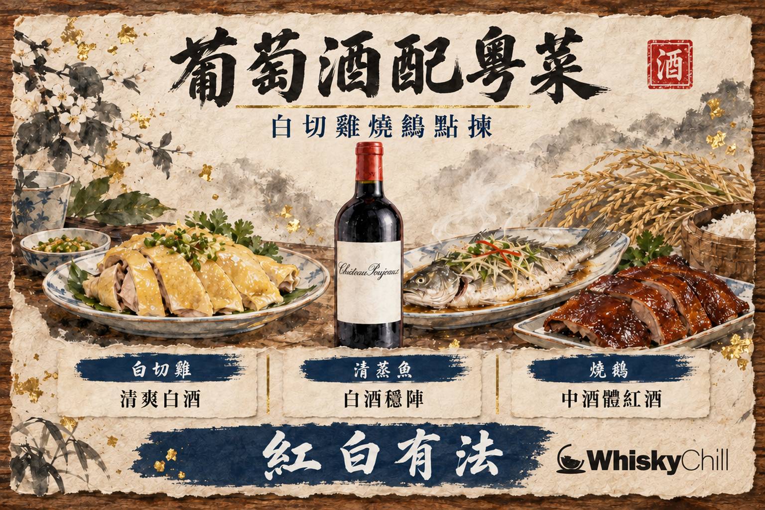 白切雞、清蒸魚同燒鵝配上紅白葡萄酒嘅廣東菜餐酒配搭場景