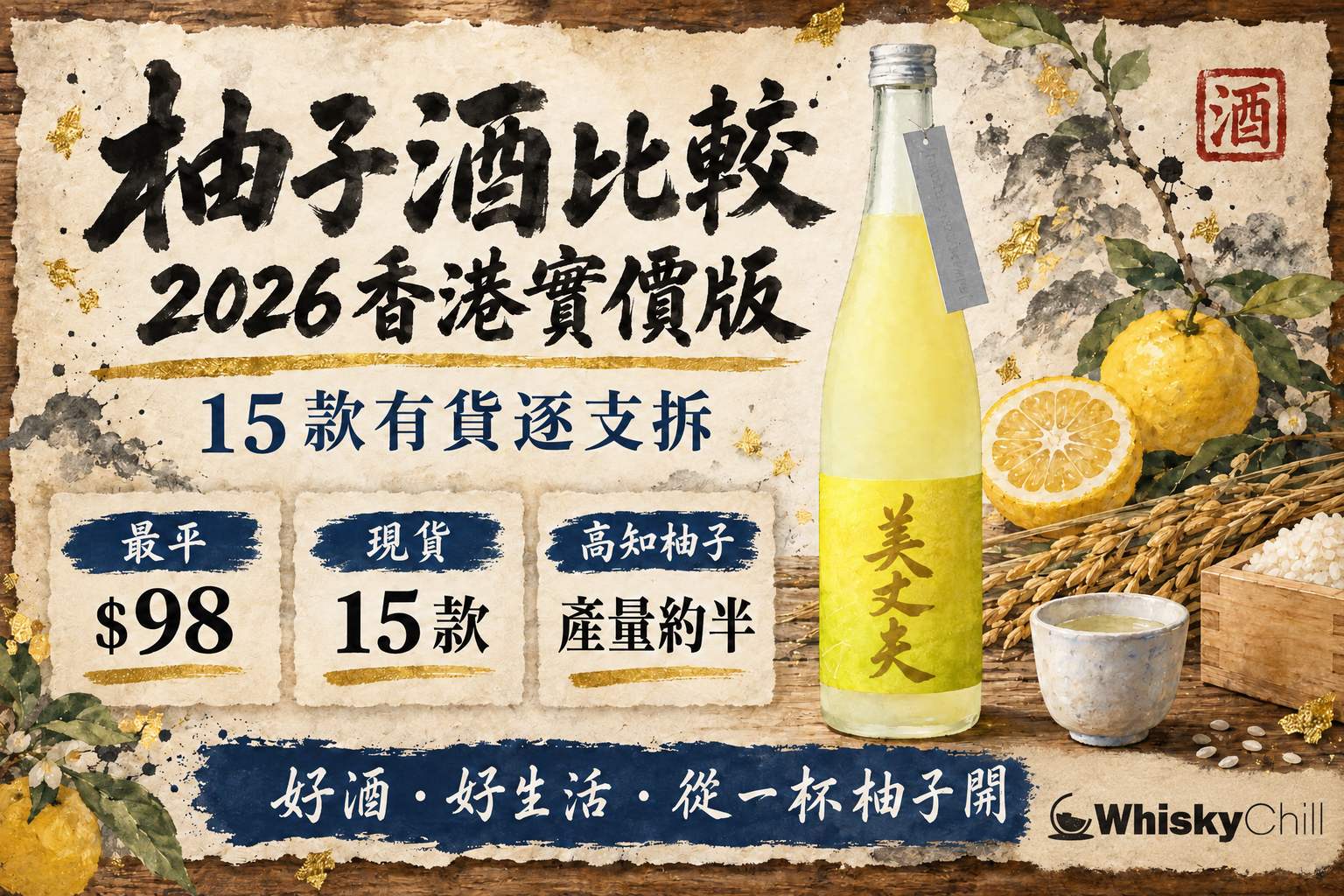 多款日本柚子酒與新鮮柚子靜物擺放,香港實價比較