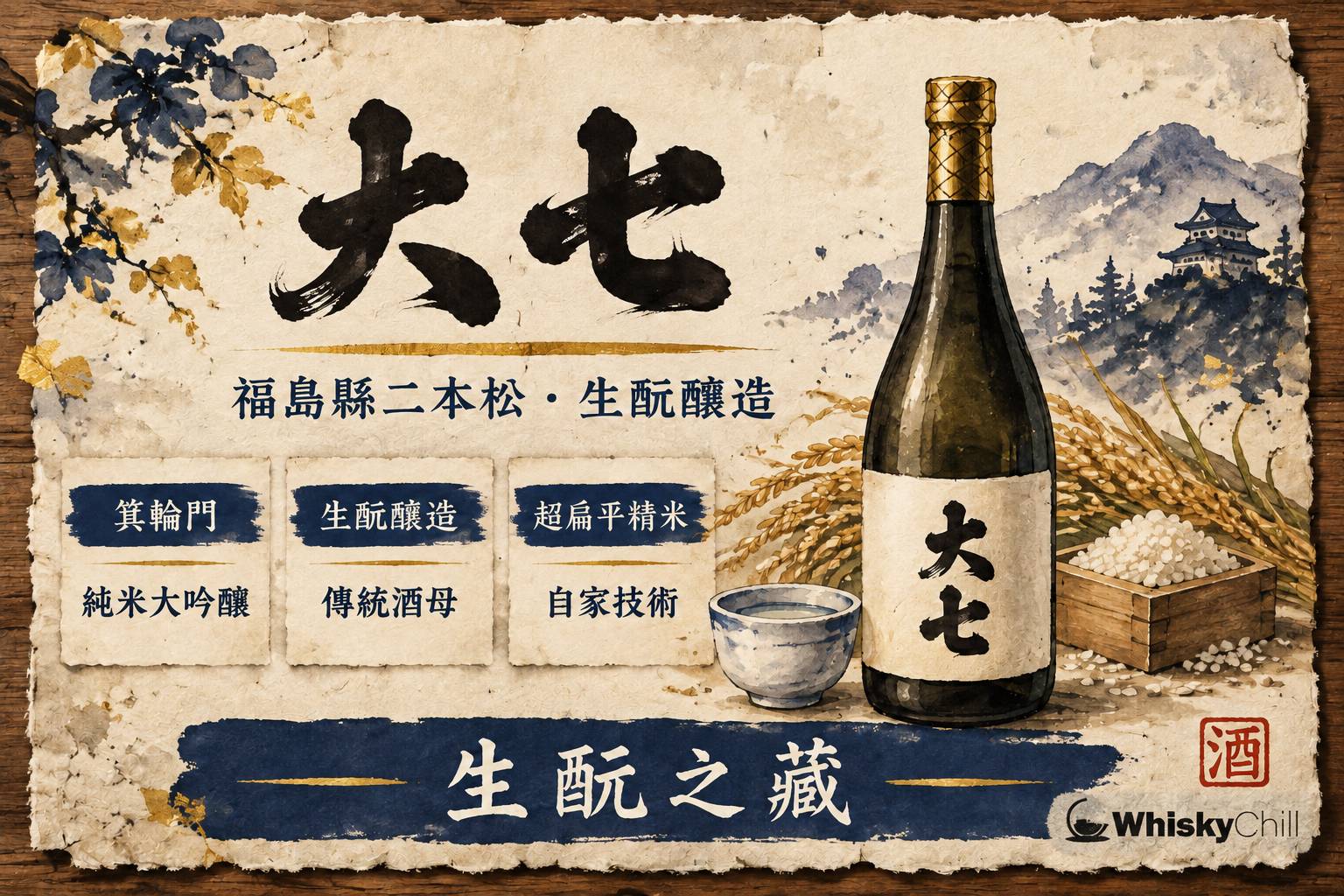 大七酒造清酒瓶與酒杯,背景係福島安達太良山麓嘅雪水溪流