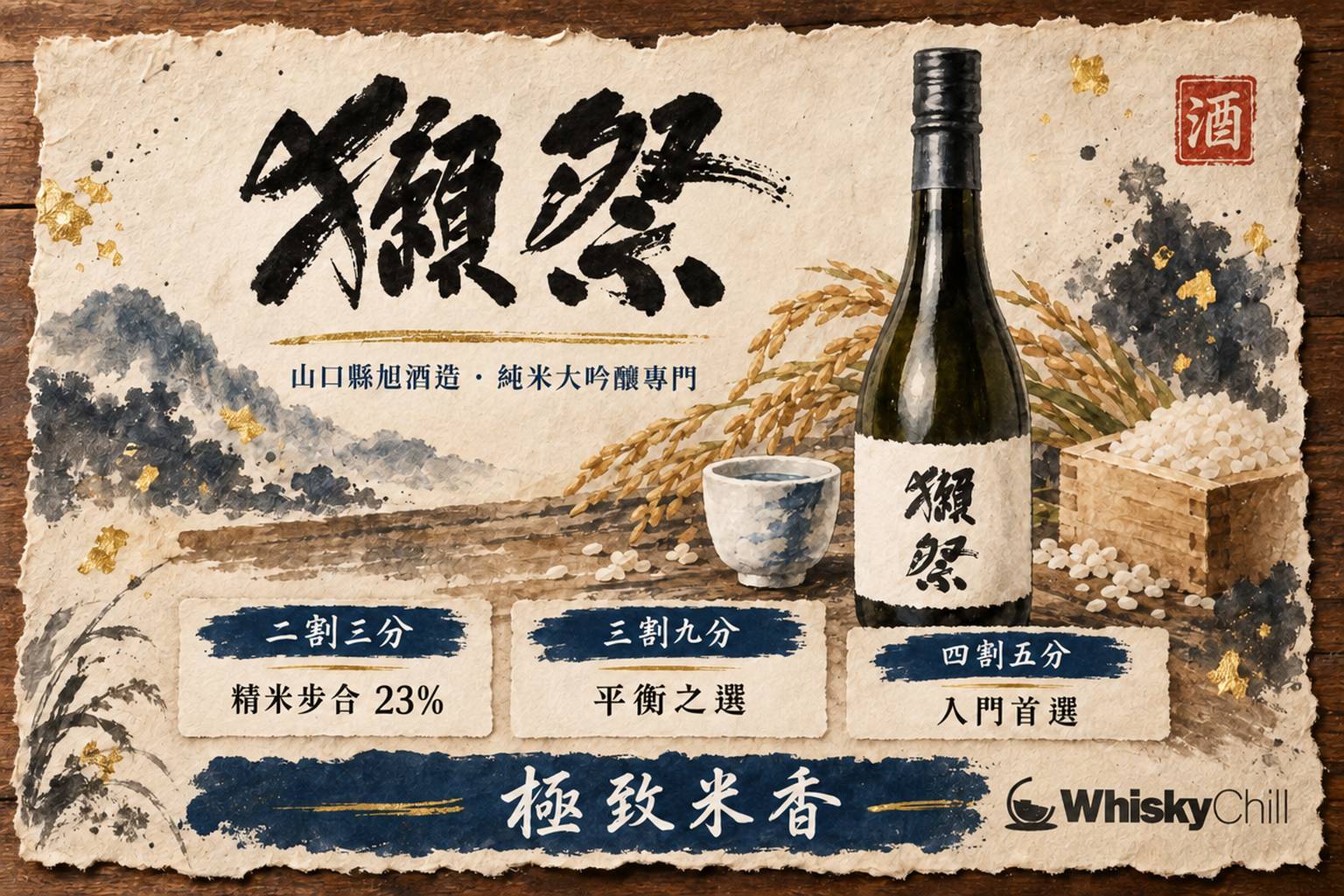 獺祭清酒瓶與酒杯,背景係山口縣雪山山泉意境