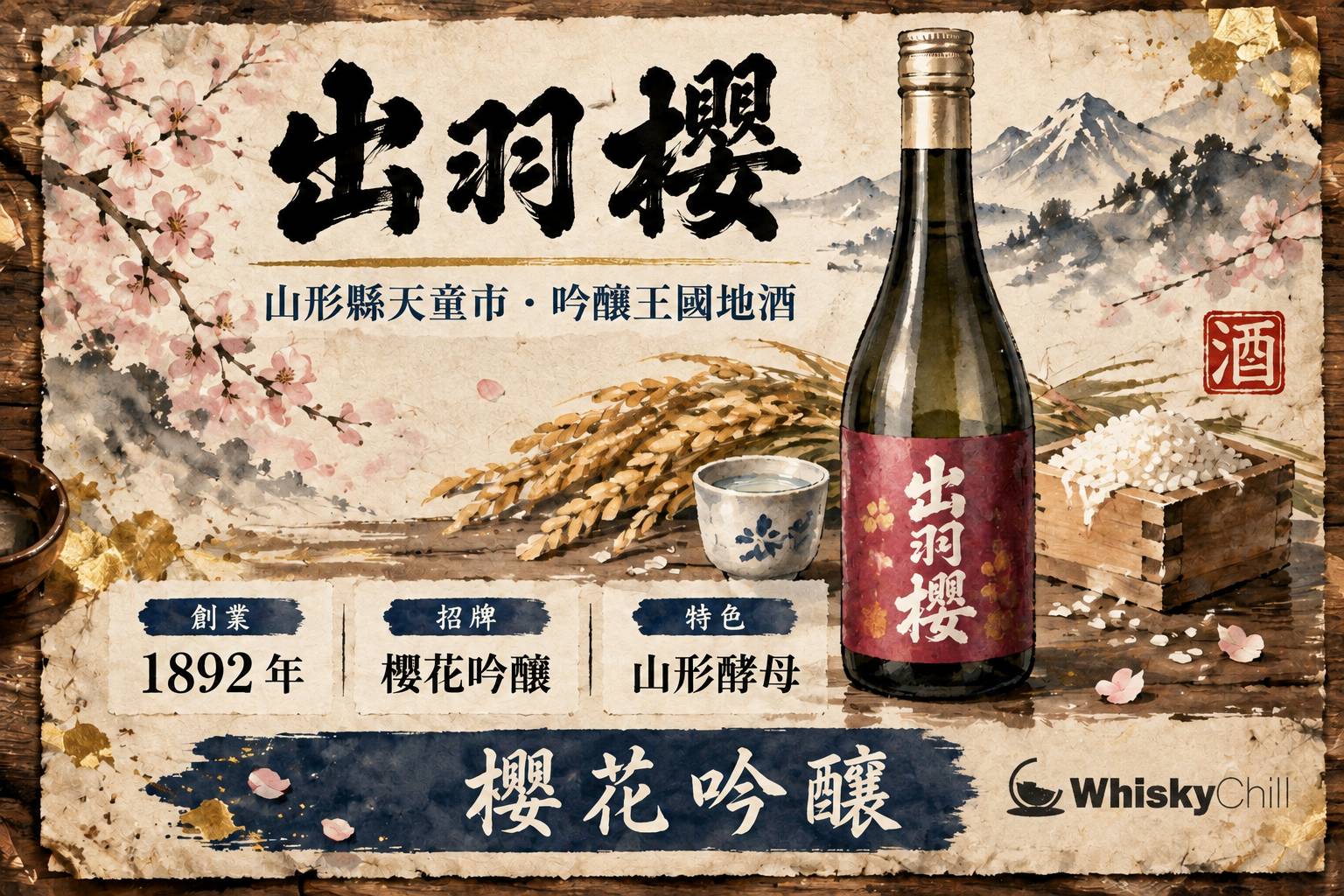出羽櫻清酒瓶與櫻花意象背景