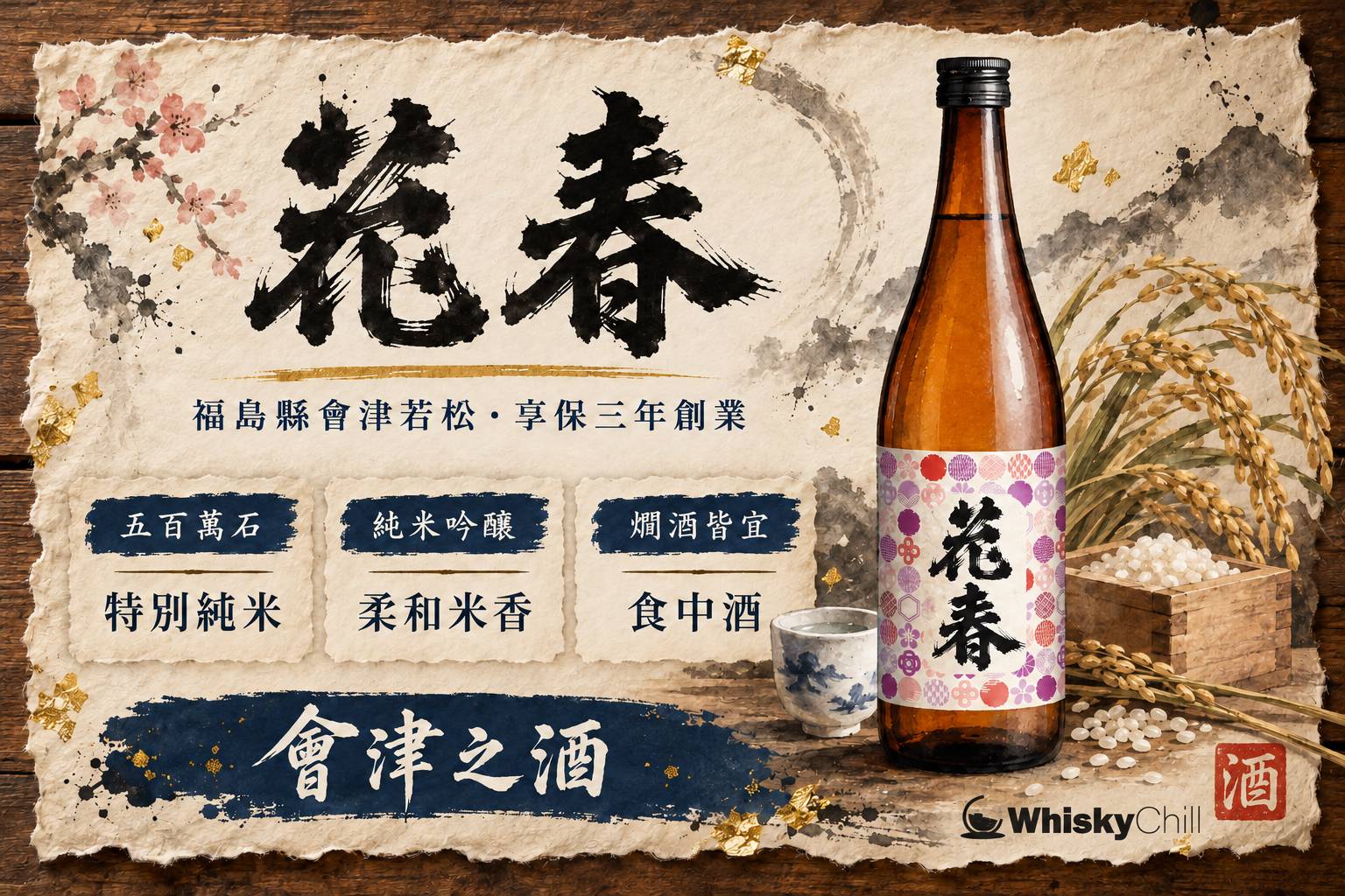 花春清酒酒瓶與酒杯,背景係福島會津盆地雪景與酒造木樑