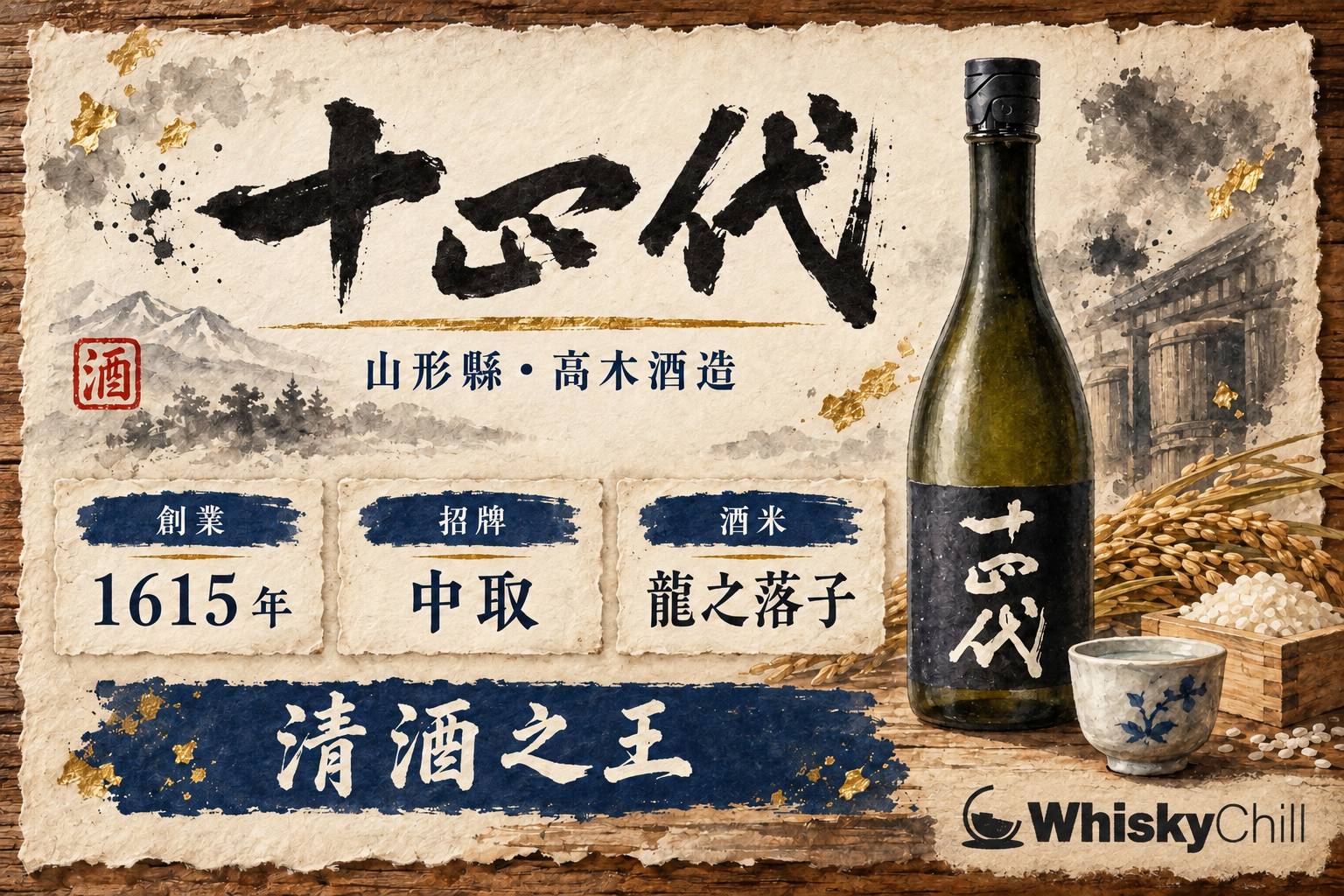 十四代清酒瓶身與山形縣雪景,夢幻銘柄意境