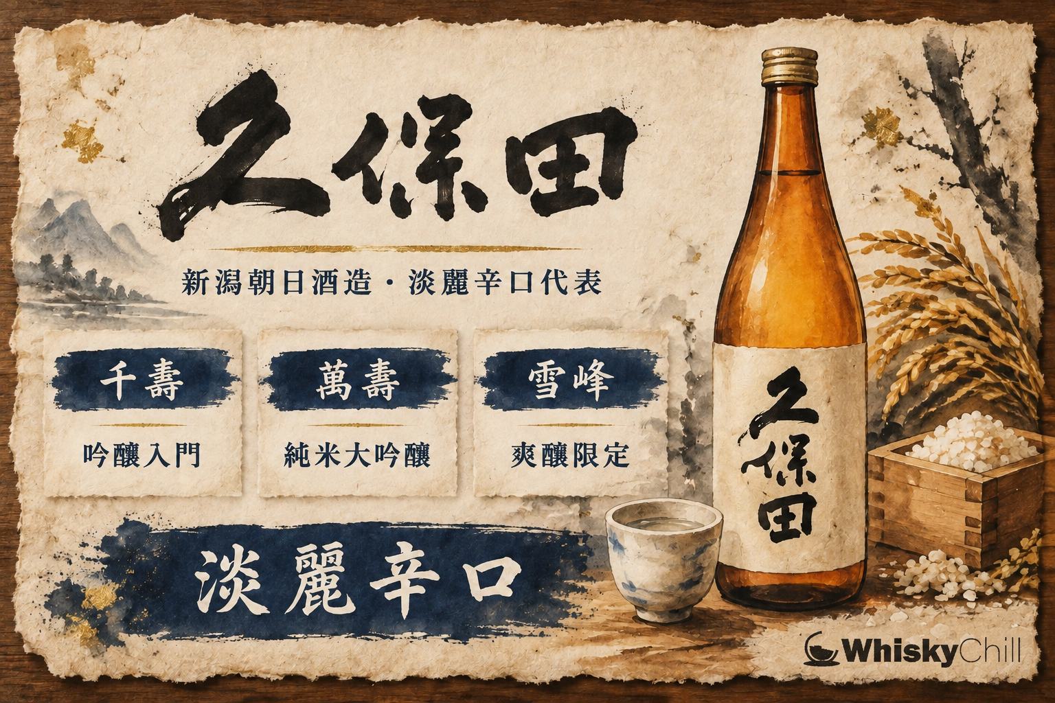 久保田清酒瓶與酒杯,背景係新潟雪山同稻田意境