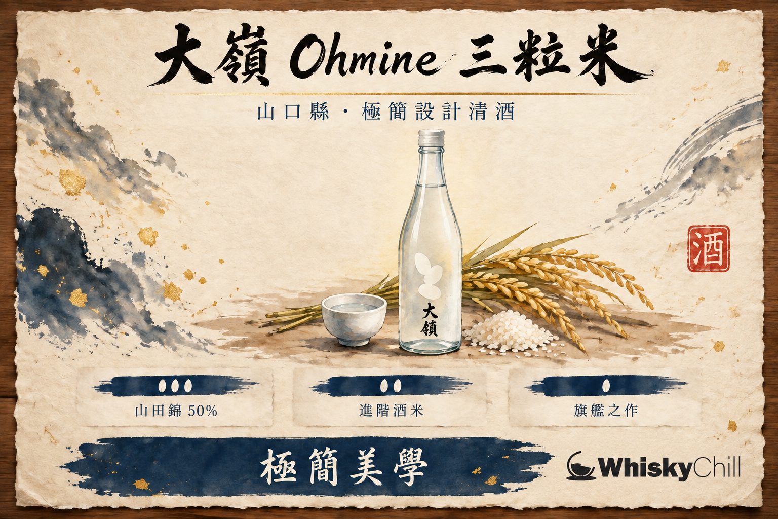 Ohmine 三粒米清酒極簡磨砂瓶身與酒杯,背景係山口縣山水意境
