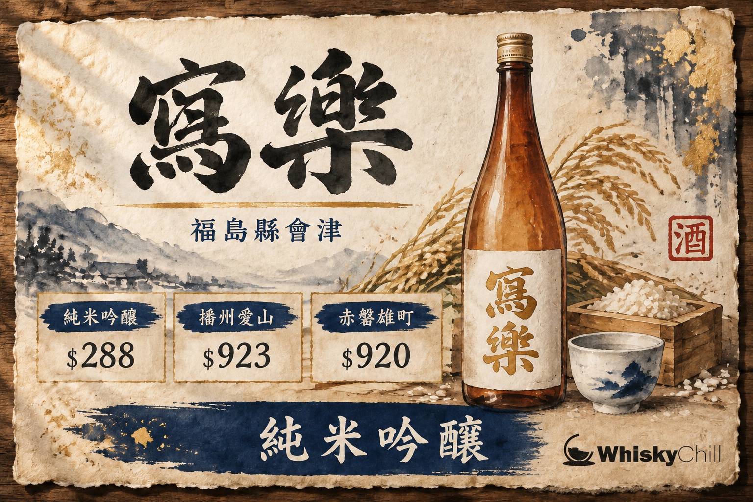寫樂清酒瓶與會津若松鶴城雪景意境