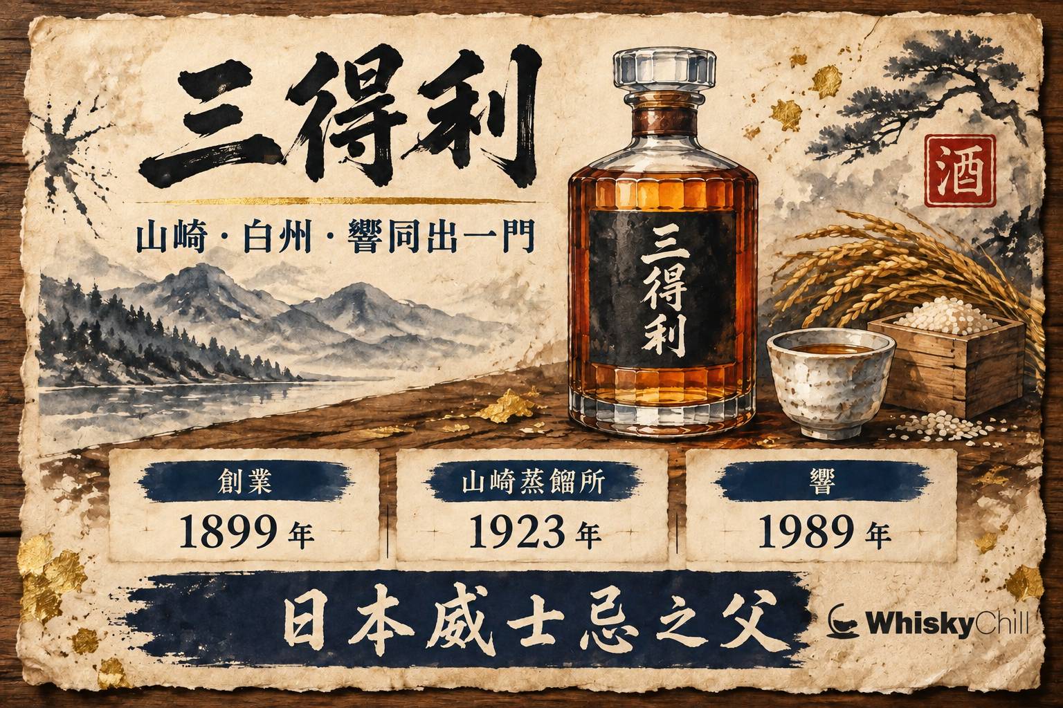 三得利威士忌酒瓶與日式蒸餾所風景
