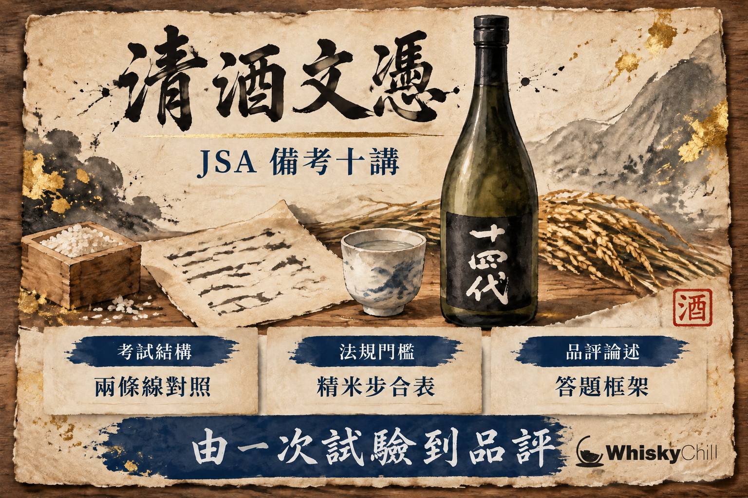 JSA 清酒文憑備考課程封面:和紙上嘅清酒品評杯、盲品記錄紙與品評用語筆記