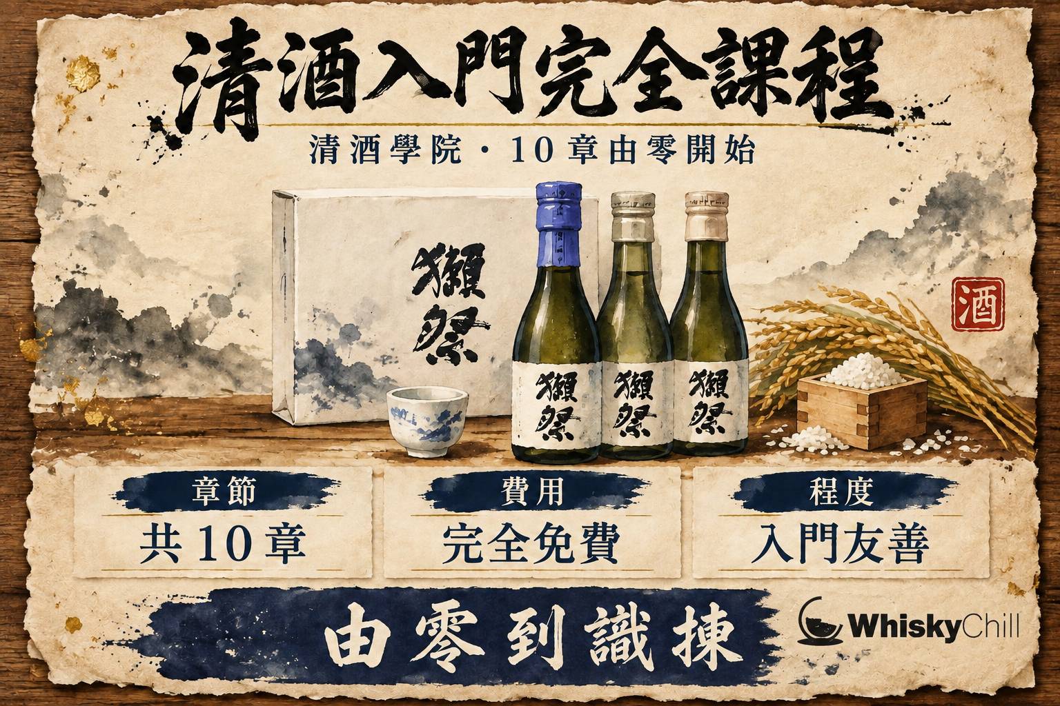 清酒入門課程封面:和紙上手繪清酒瓶、酒米與麴菌圖解