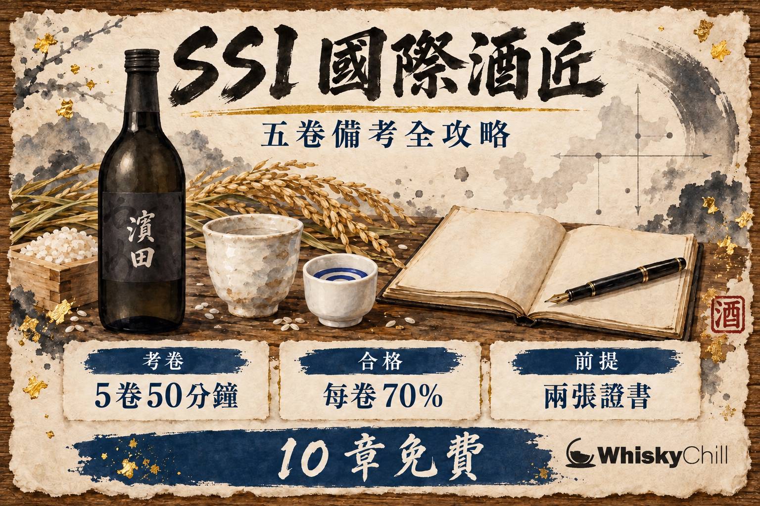 SSI 國際酒匠備考課程封面:和紙上手繪清酒與燒酎品鑑杯、定位圖圖表同認定章