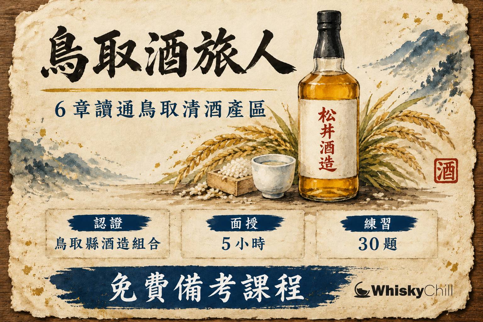 鳥取酒旅人檢定備考課程封面:日本海沿岸酒藏街景、溫熱清酒同松葉蟹嘅餐桌