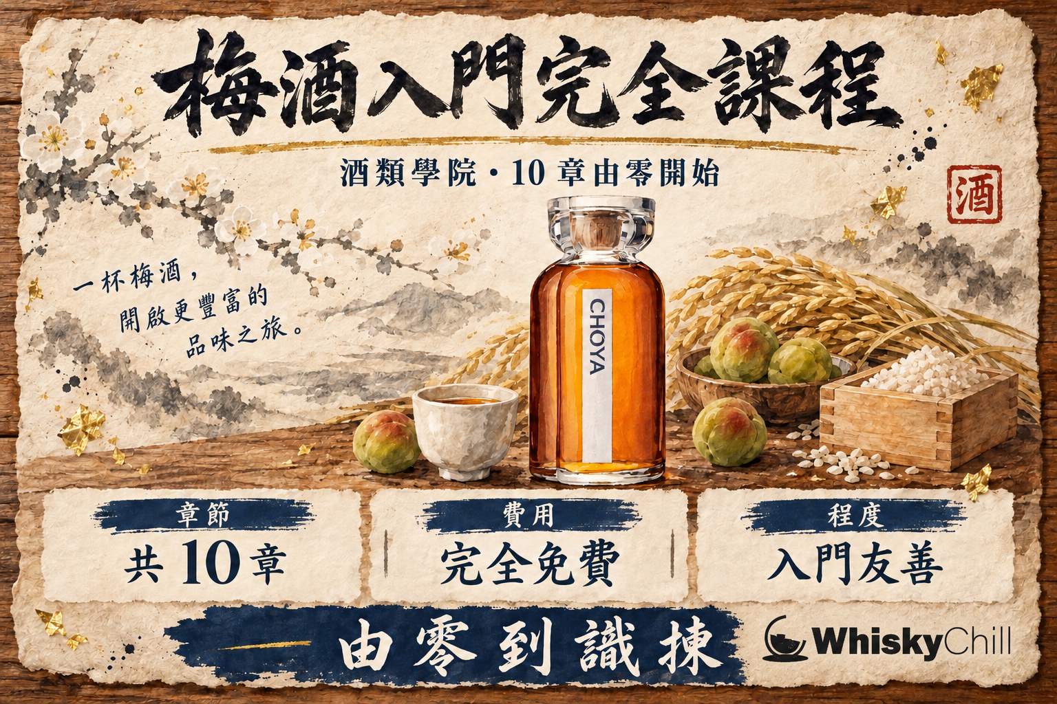 梅酒入門完全課程封面:和紙上手繪梅酒瓶、青梅同酒杯圖解