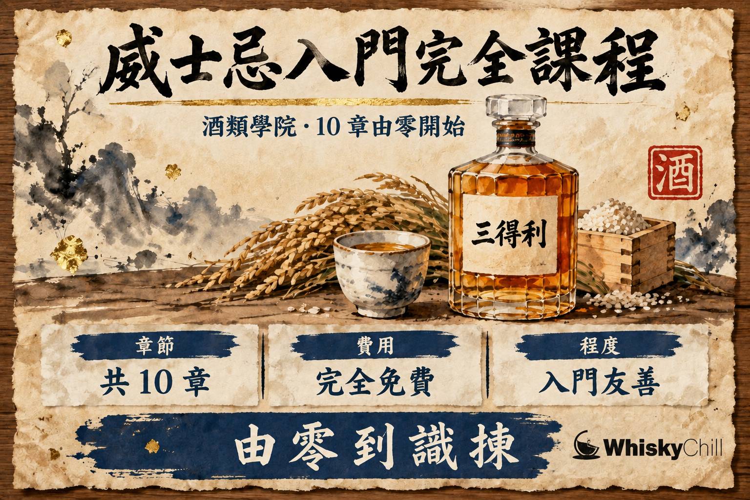 威士忌入門完全課程封面:和紙上手繪威士忌瓶、橡木桶同麥穗圖解