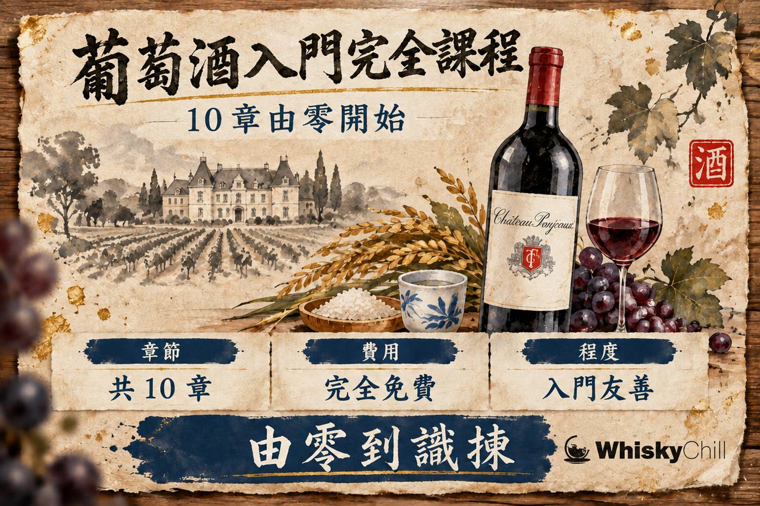 葡萄酒入門完全課程封面:和紙上手繪紅酒瓶、葡萄串同酒杯圖解