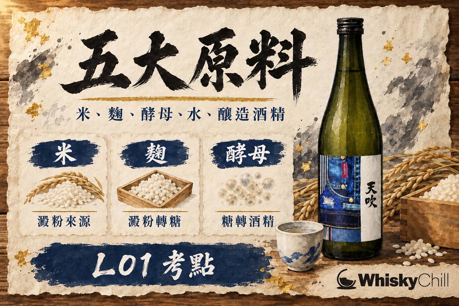 第 2 章:LO1 原料篇——米、麴、酵母、水同釀造酒精五大原料 章首圖
