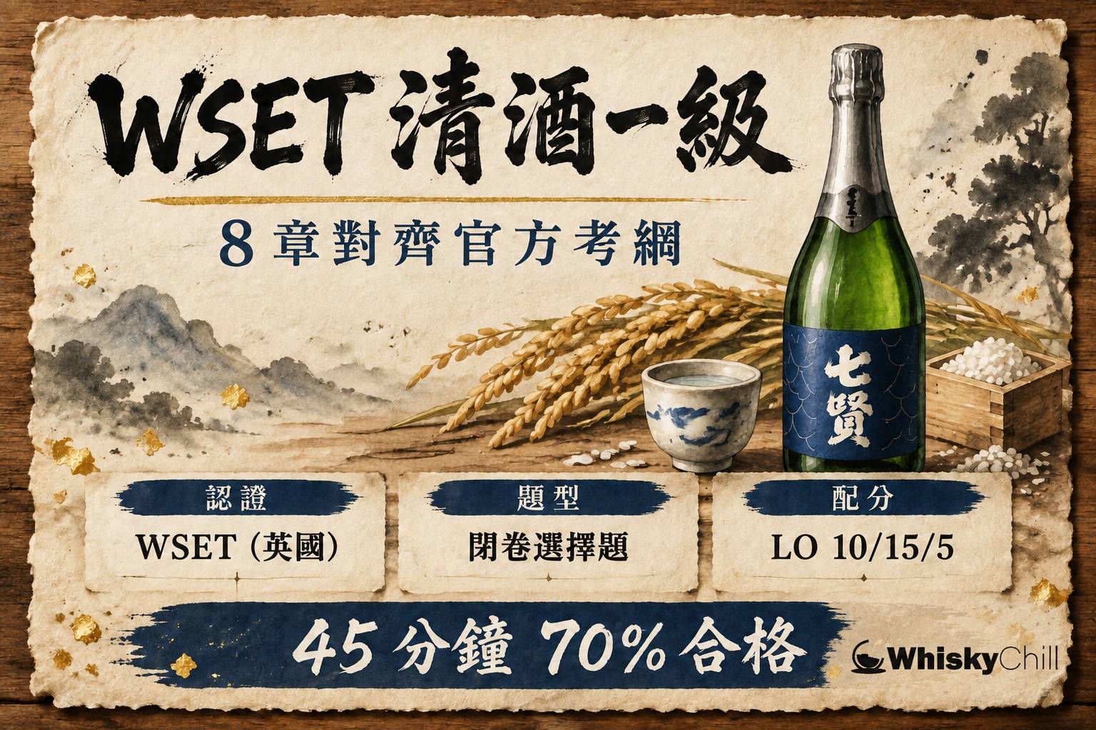 WSET 清酒一級備考課程封面:品酒杯、筆記同官方考綱圖解嘅木枱場景