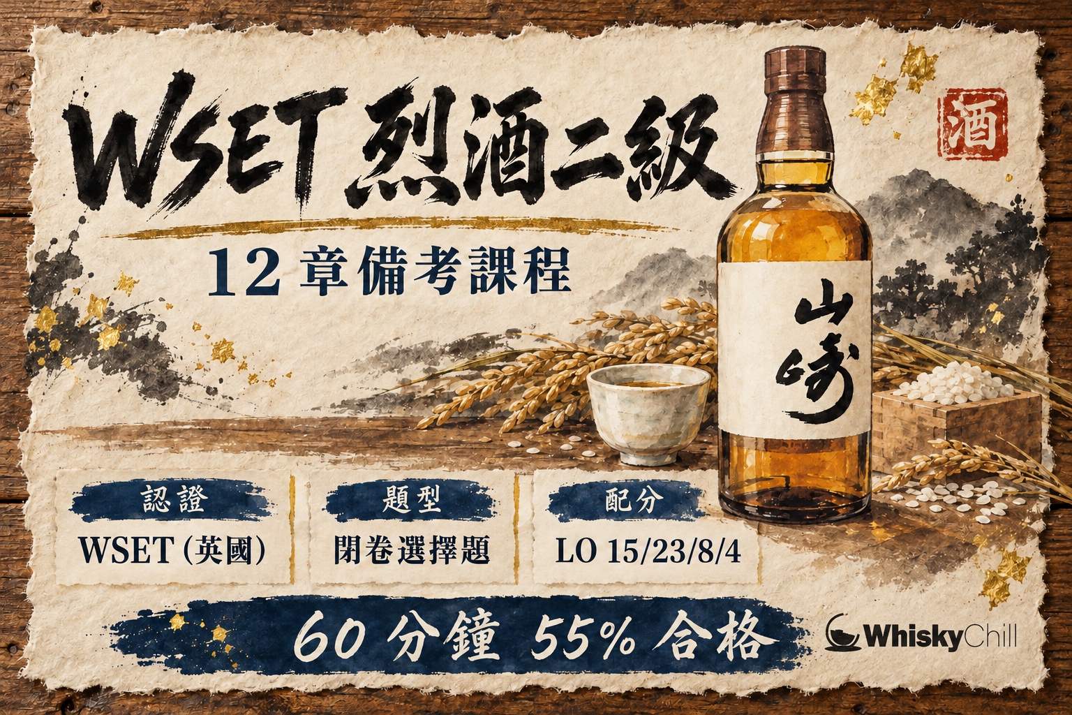 WSET 烈酒二級備考課程封面:威士忌酒桶場景、品酒杯同官方考綱圖解